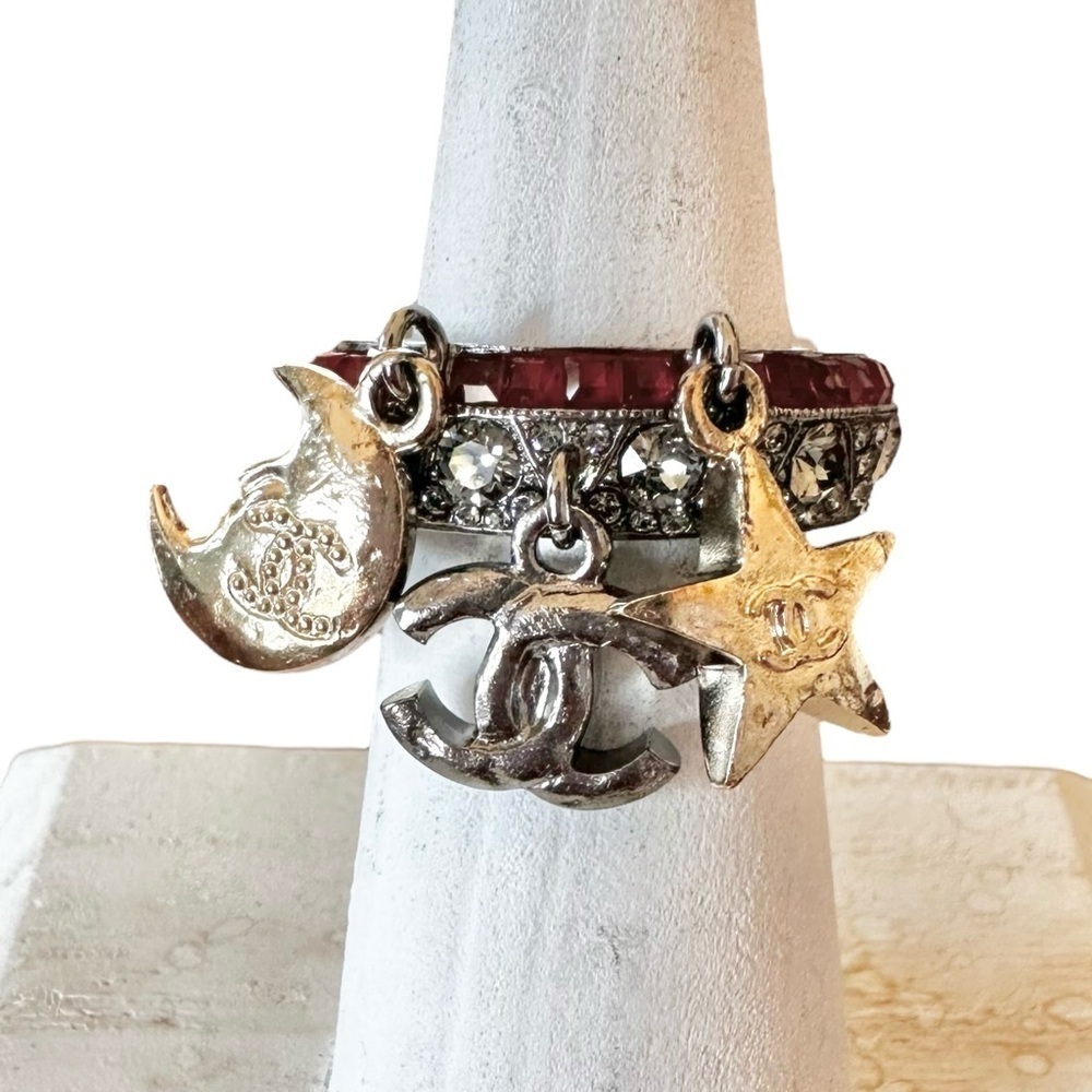 CHANEL Strass Silver & Gold Metal Moon Star CC Crystal Ring Size 6 - Picture 8 of 17